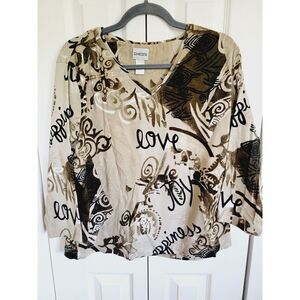Chico's 3 T-Shirt V-Neck 3/4 Sleeve Stretch Top‎ Love Joy XL Stretch Cotton
